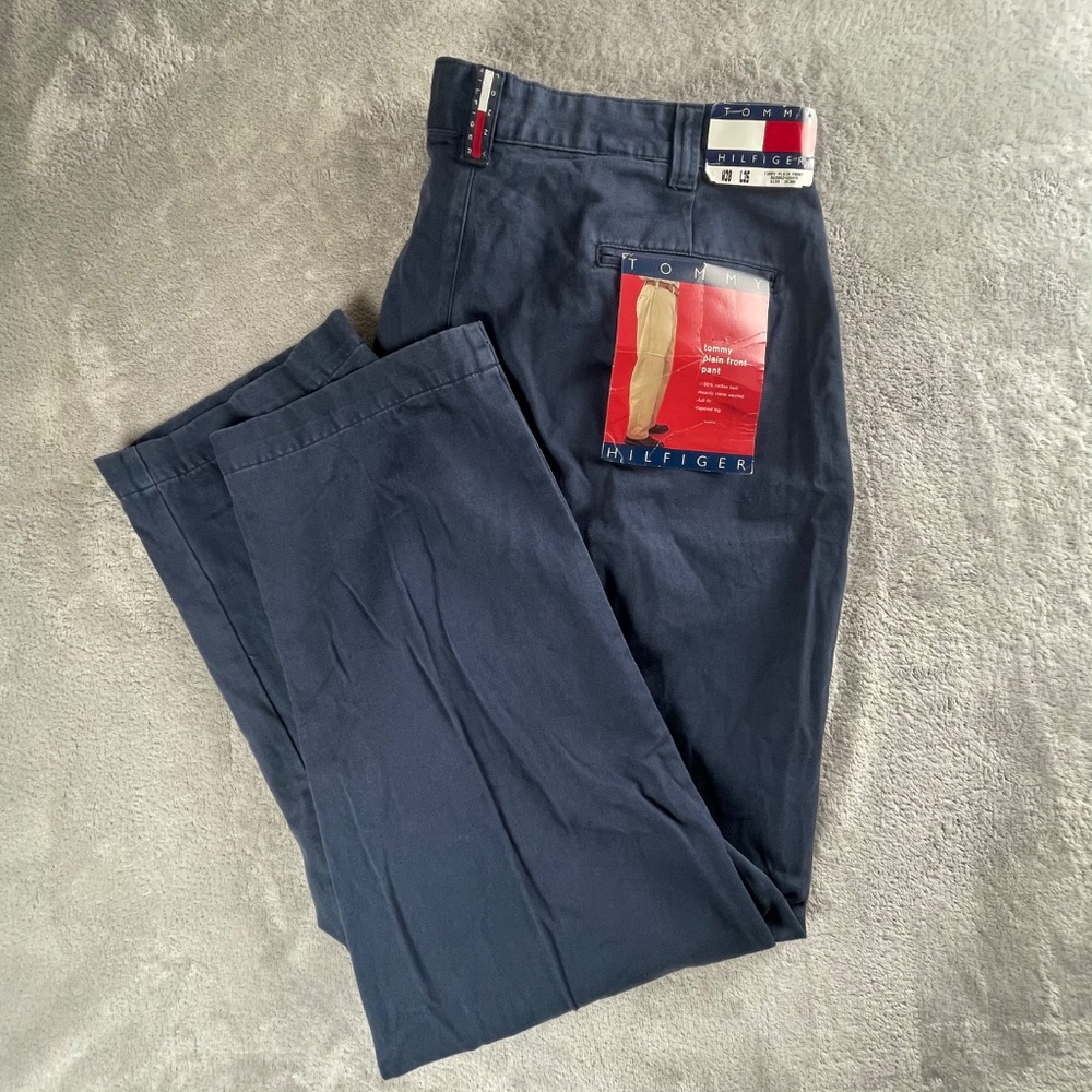 NWT Vtg Tommy Hilfiger Pants Flag Belt Loop Navy Plain Front Chino 38x35 90s Y2K